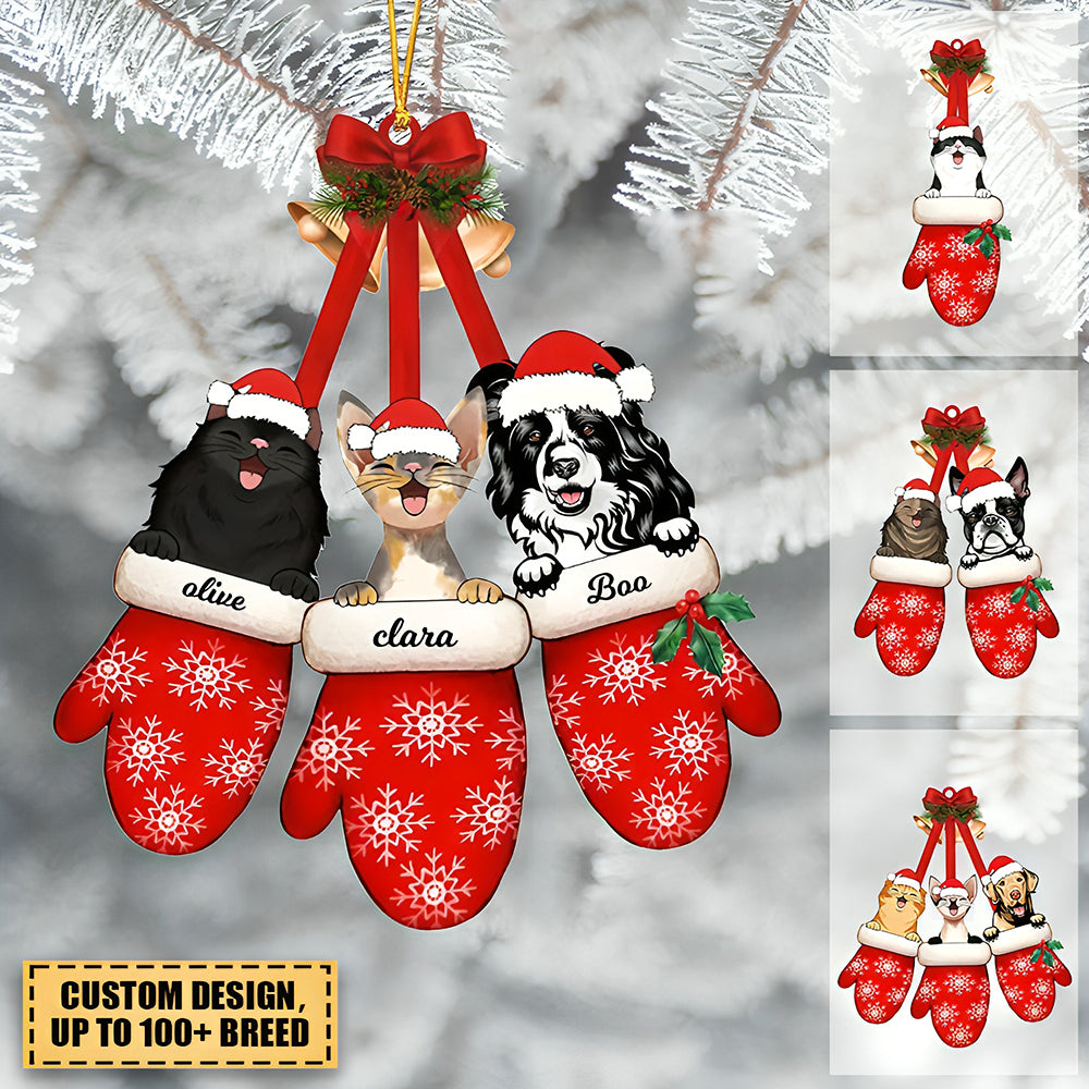 Christmas Pets Laying On Hands In Gloves Personalized Acrylic Ornament