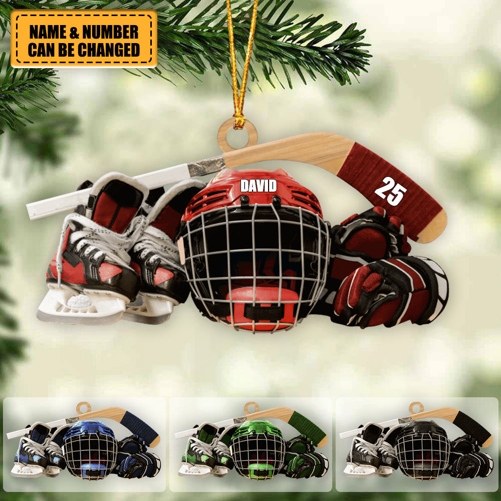 Personalized Christmas Ornament - Hockey Skates Helmet And Stick Gift For Hockey Lover