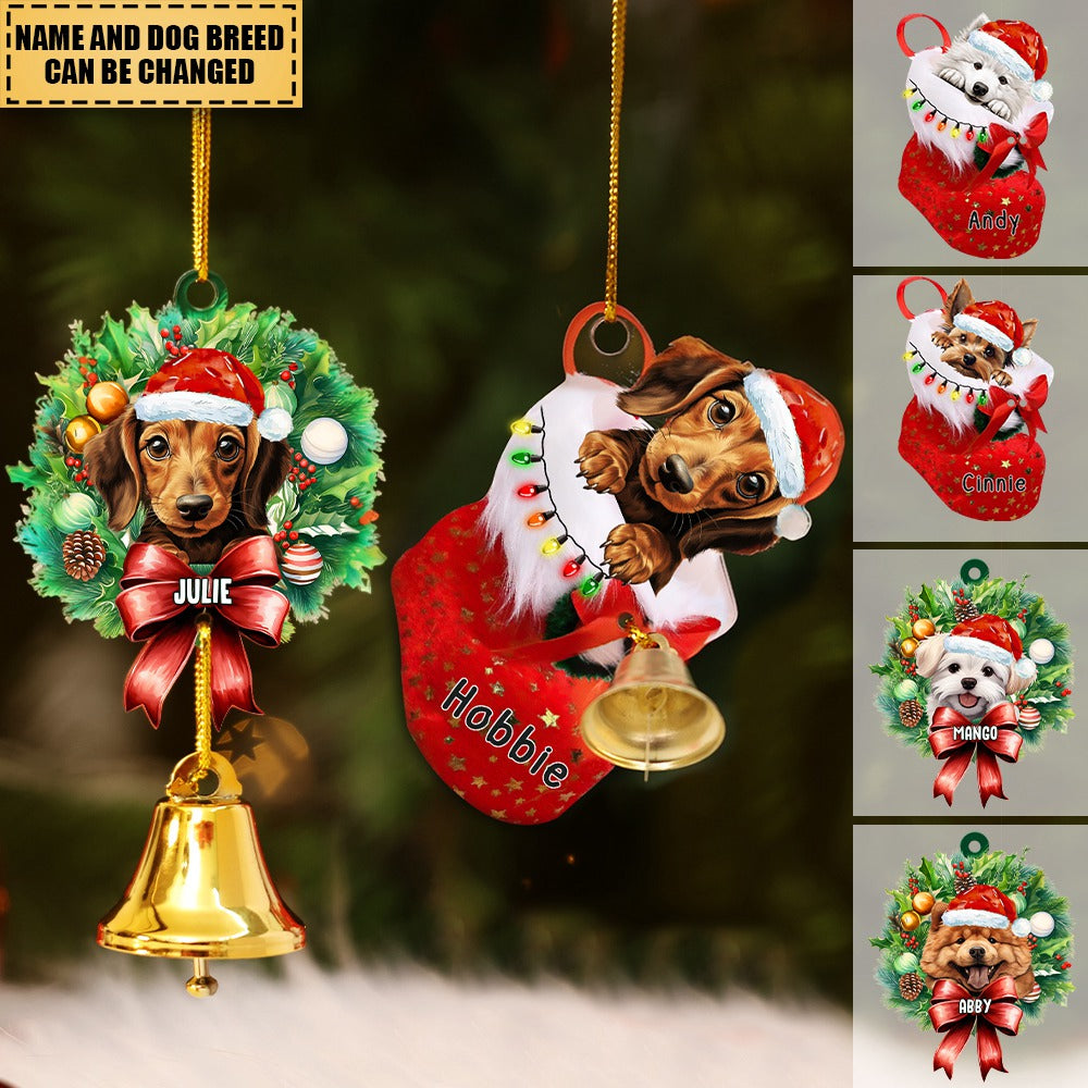 Dog with Christmas Hat - Personalized Acrylic Christmas Ornament with Ring Bell