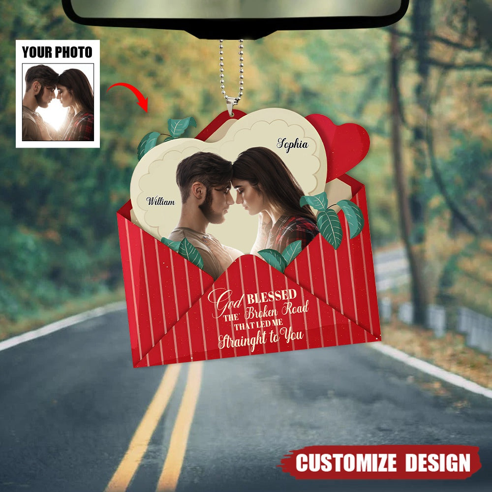 Love in an envelope car ornament -  Gift for couple - God bless this broken road that brought me straight to you