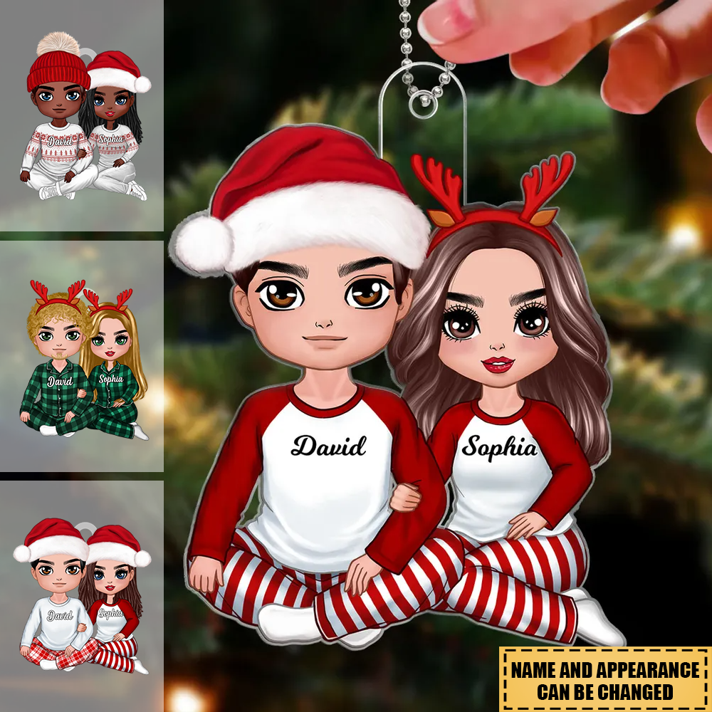 Christmas Doll Couple Sitting Hugging Personalized Acrylic Ornament