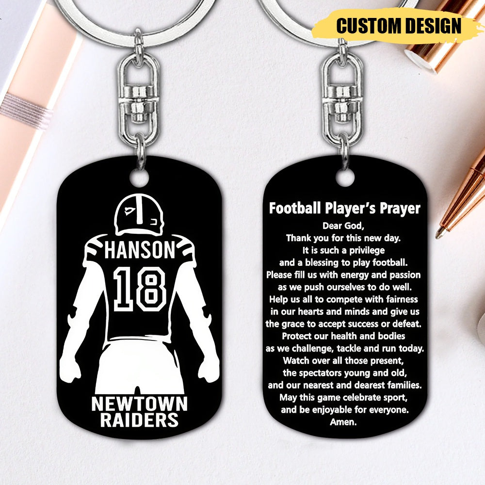 Football Player Gift - Dog Tag Keychain with Player's Prayer - Super Tough Metal - Personalized with Name, Number and Team