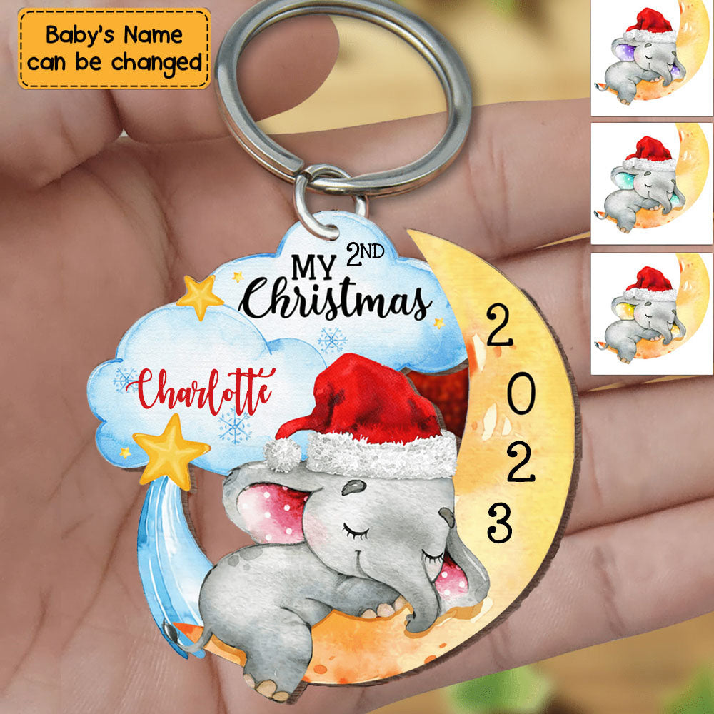 Personalized Custom Elephant Baby First Christmas Wooden Keychain
