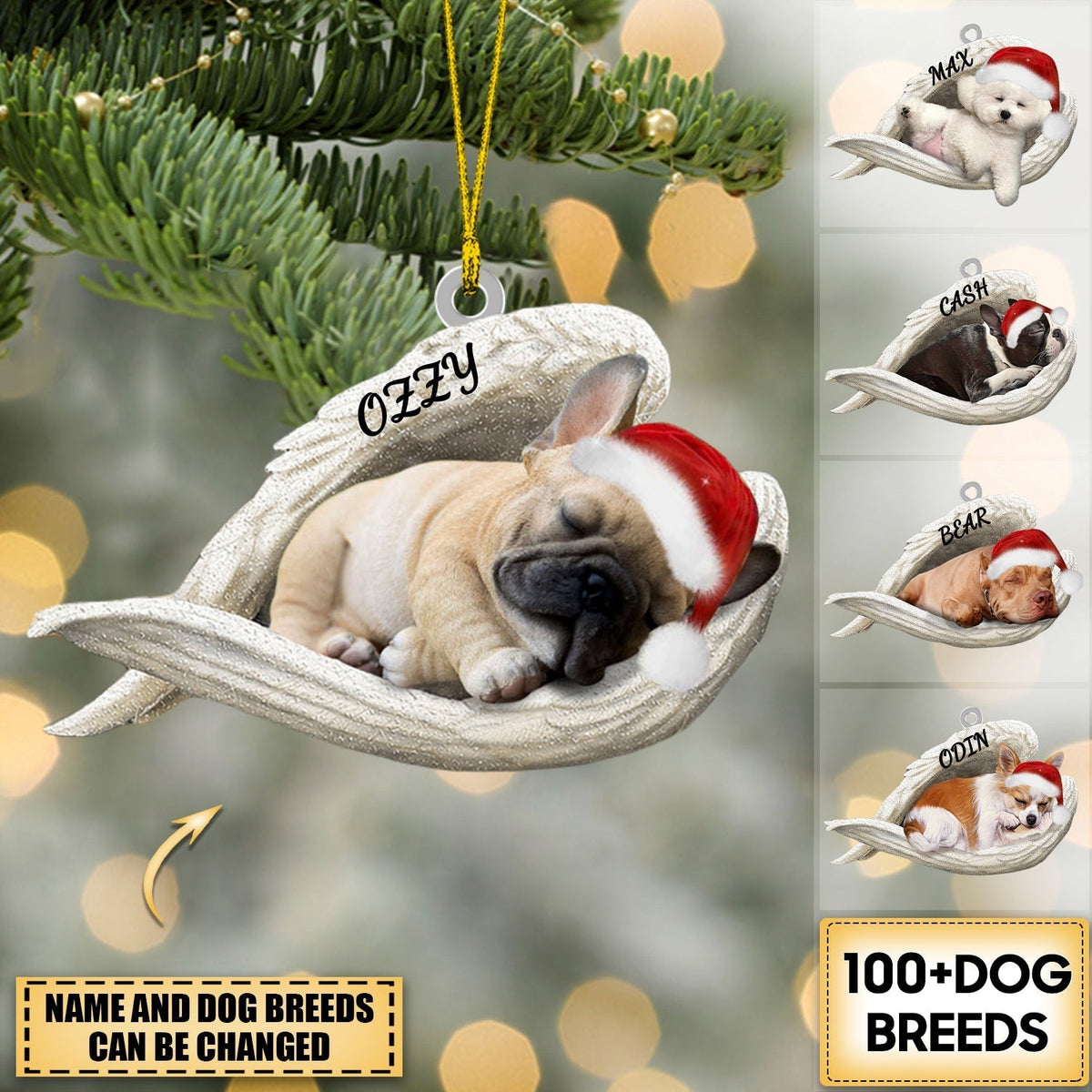 Personalized Stainless Dog Sleeping Angel Merry Christmas Ornament- Double Sides Printed