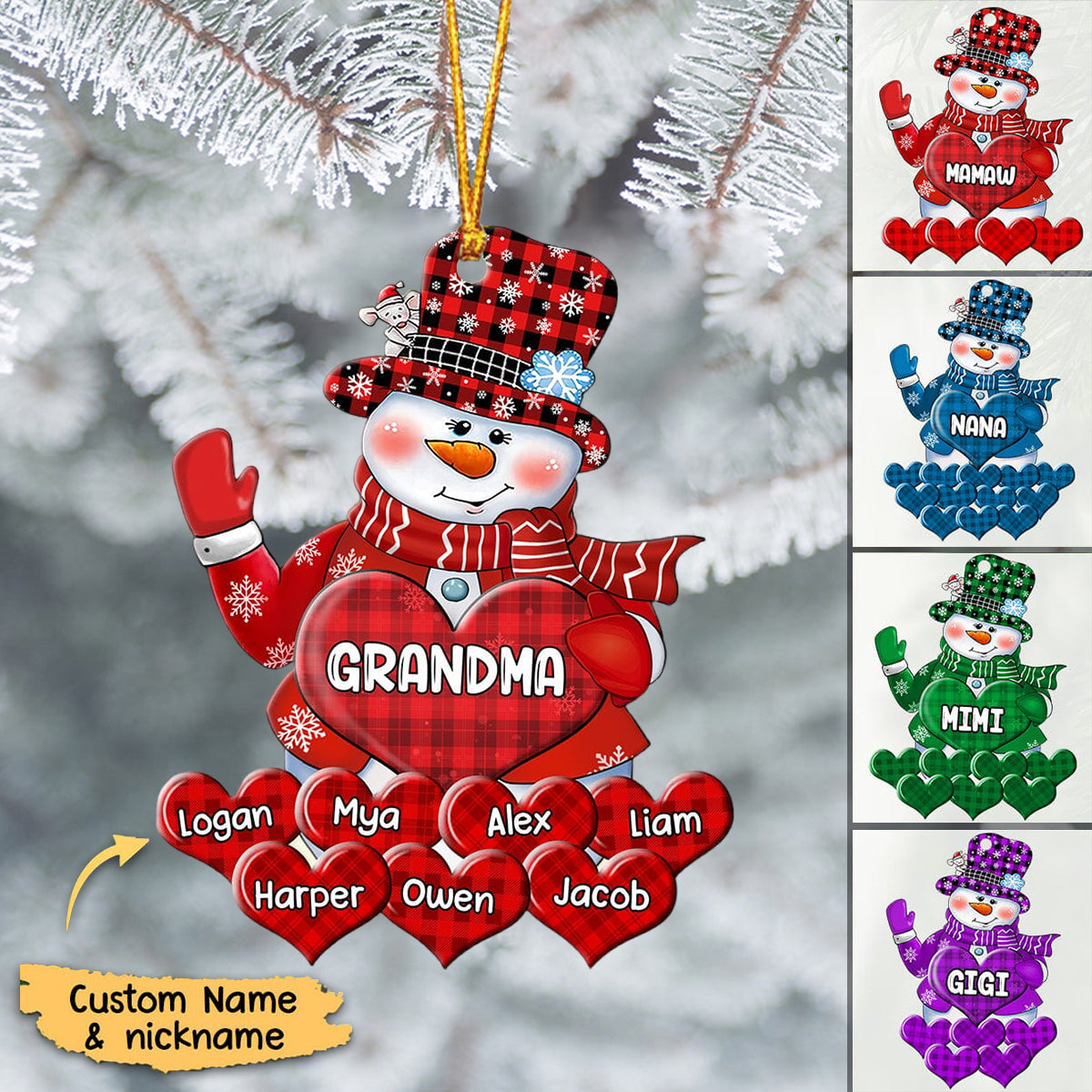 Colorful Christmas Snowman Grandma Mom Little Heart Kids Customized Ornament