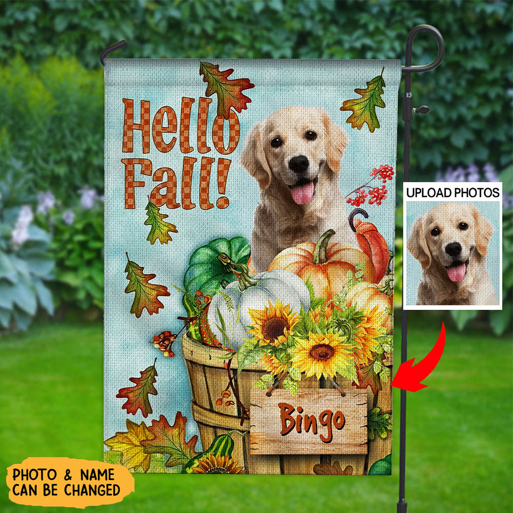 Hello Fall - Personalized Cute Pet Photo AndName Flag - Gift For Pet Lovers