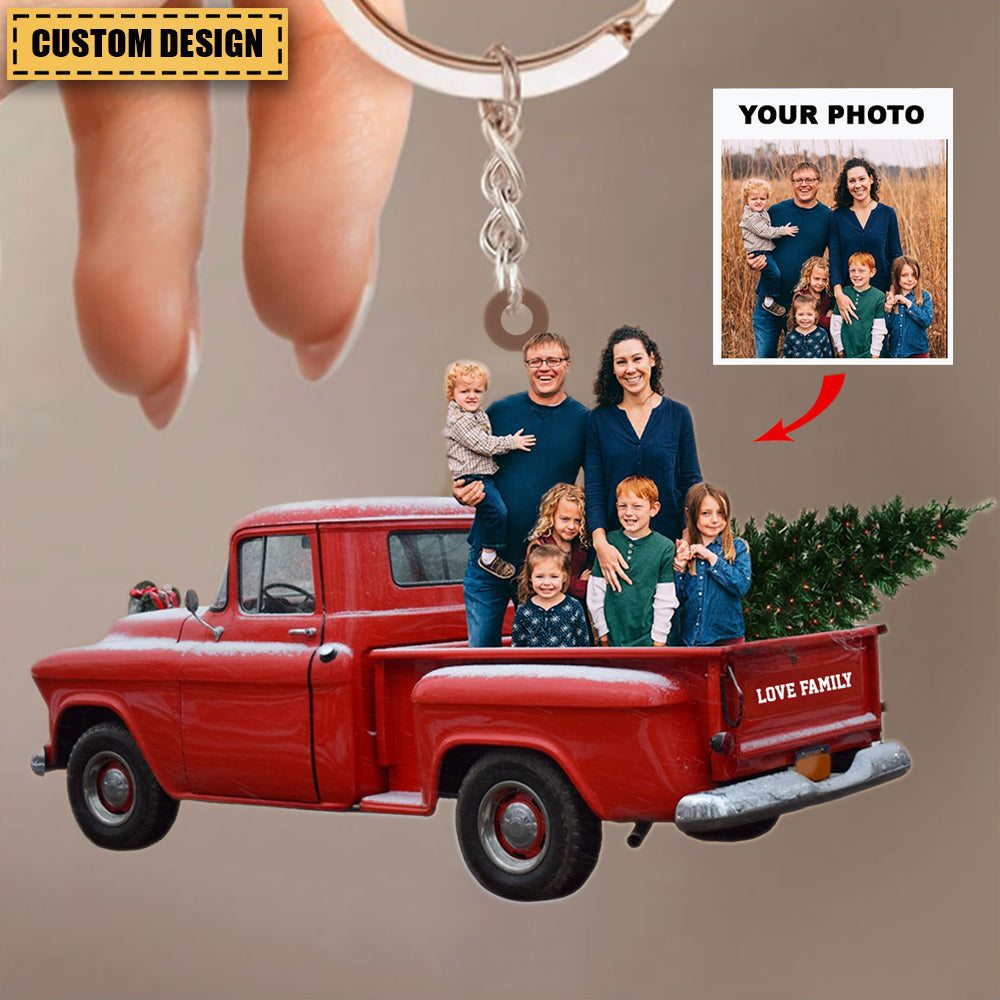 Personalized Photo Acrylic Keychain - Gift For Family - Custom Photo Family Red Truck Christmas